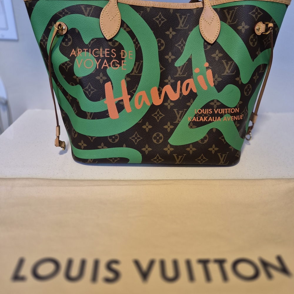 Louis Vuitton Monogram Neverfull Tote with Green and Orange Hawaii Script